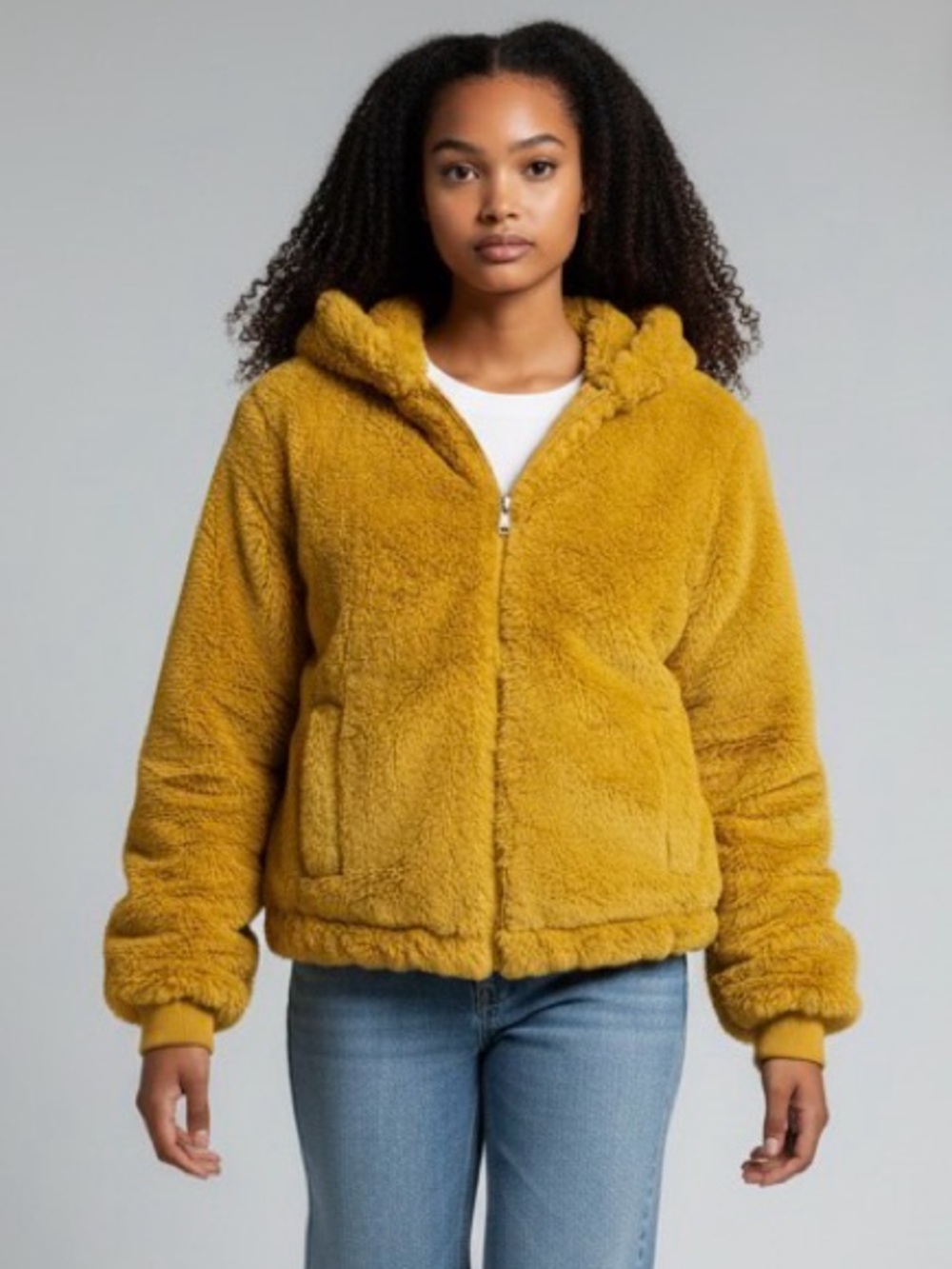Bellivera brand jacket is a yellow faux fur hooded coat front zipper closure Med